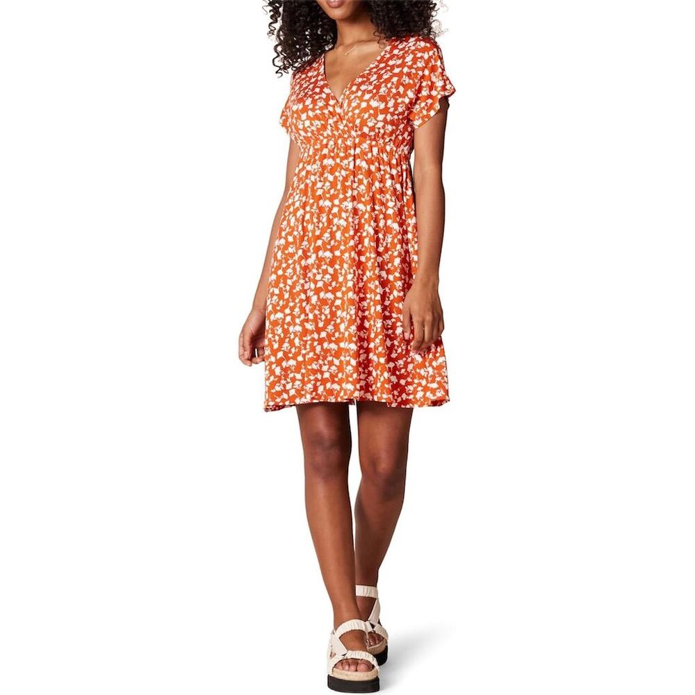 Amazon Essentials Women's Red Floral Surplice Dress Size L Short Sleeve Summer